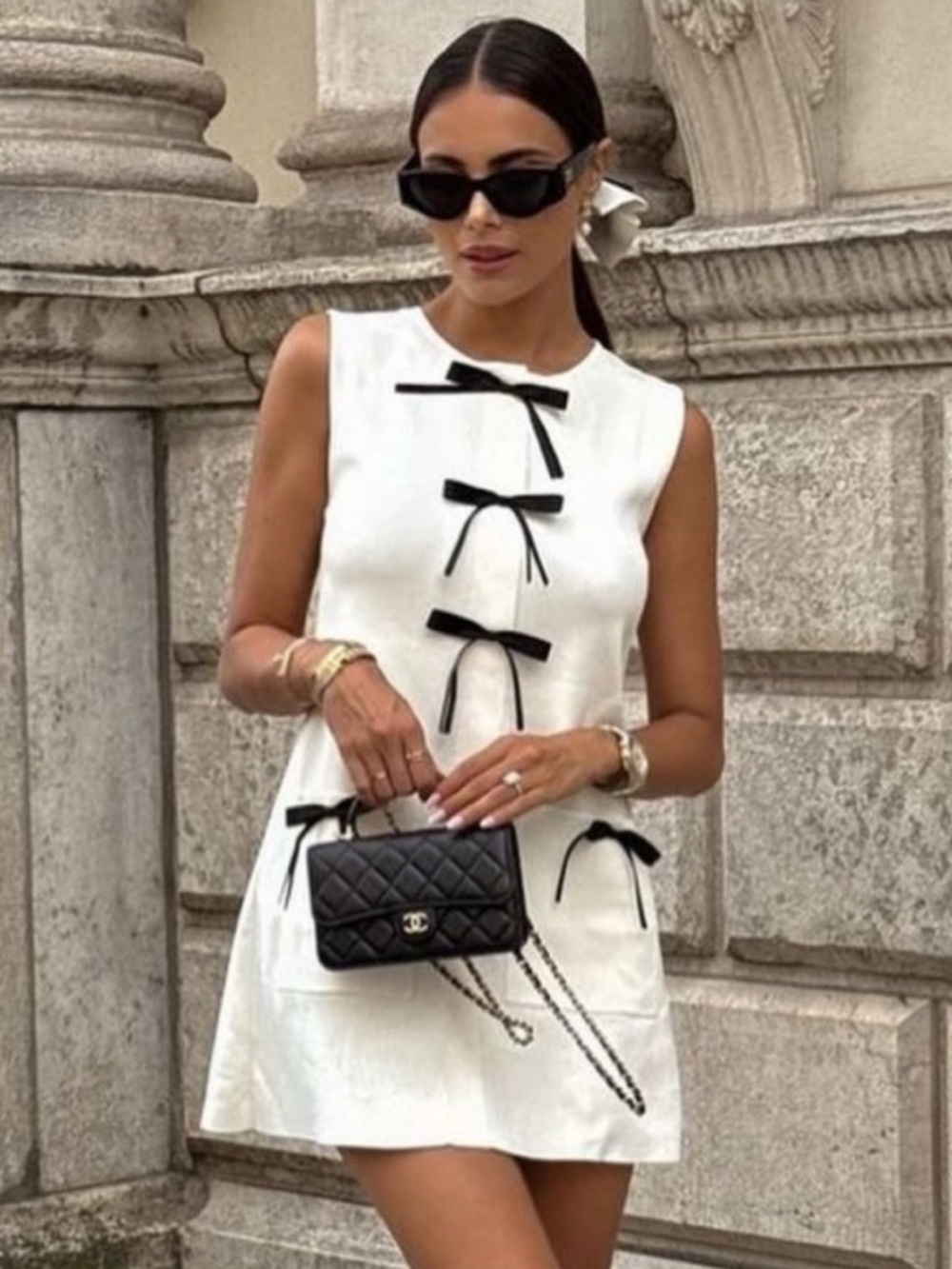 Zara Contrast Bow Knit Mini Dress in Cream Size 8 A-Line Chic Parisian Style